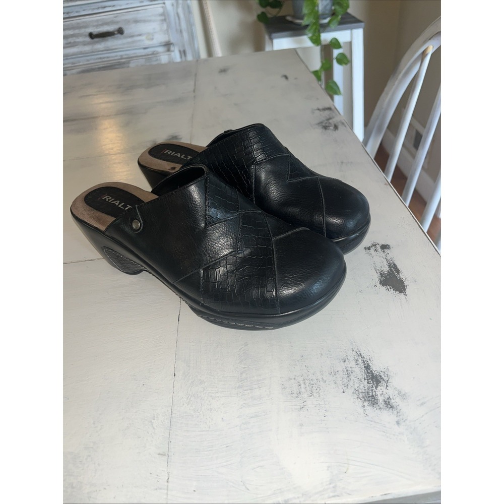 Rialto Comfort  Slip On Clogs Black Vegan Leather Wedge Shoes Women's 8.5